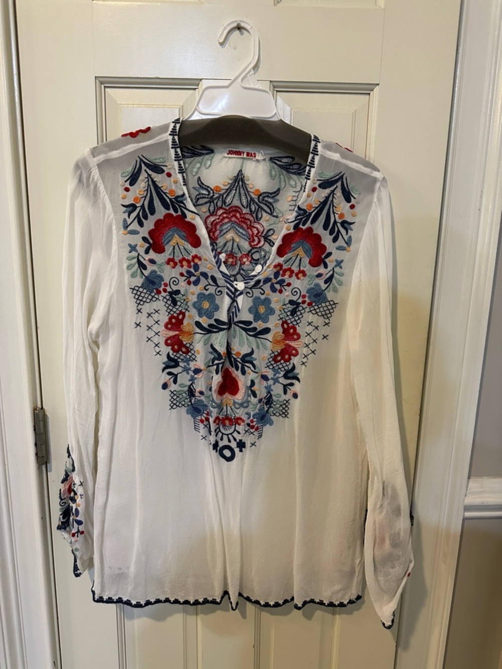 Johnny Was White Bohemian Embroidered V-Neck Tunic